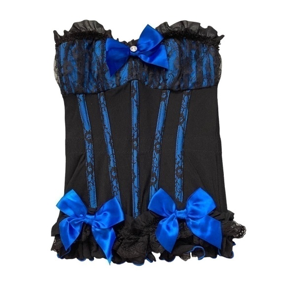 𝅺COQUETTE blue and black lace bustier corset top with ruffles and bows - Picture 2 of 14